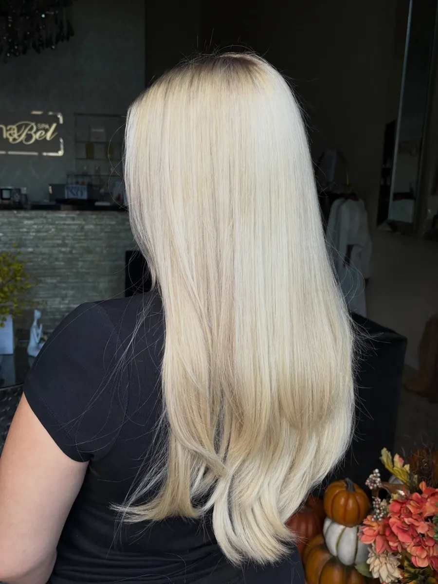Long, bright platinum blonde hair