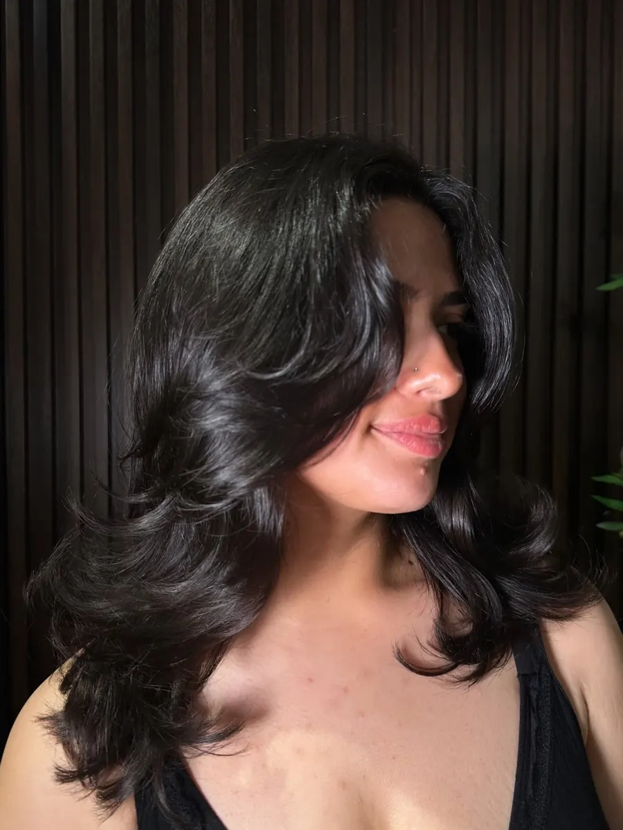 Glossy black long wolf cut